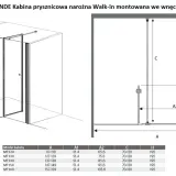 Kabina prysznicowa narożna GRANDE Walk-in z drzwiami uchylnymi. Schemat z wymiarami A, A1, A2, C, H.