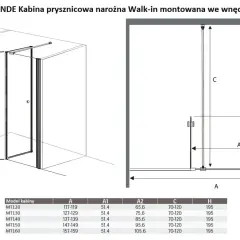 Kabina prysznicowa narożna GRANDE Walk-in z drzwiami uchylnymi. Schemat z wymiarami A, A1, A2, C, H.