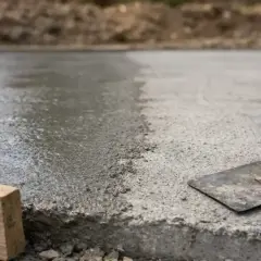 Świeżo wylany, mokry beton na budowie. Narzędzia budowlane, jak kielnia i drewniany klin, czekają na dalsze prace. Szybki beton to podstawa solidnej konstrukcji.