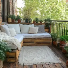 Zielony balkon z sofą z palet, dywanem i mnóstwem roślin. Idealne miejsce, by odpocząć i zastanowić się, czym osłonić balkon.