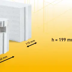 Ytong bloczek z widocznymi wymiarami: 240 mm, 115 mm i wysokością 199 mm.