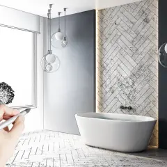 Rysunek nowoczesnej łazienki z wanną i designerskimi lampami. Planowanie remontu łazienki koszt.