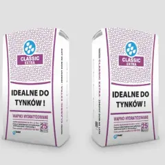 Dwie torby z napisem "wapno budowlane Classic Extra", idealne do tynków. Produkt wysokiej jakości, zdrowy dom na lata.