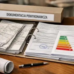 Segregator z dokumentacją powykonawczą zawiera mapy, raporty i etykietę energetyczną.
