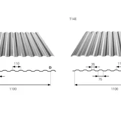 Dwa profile blachy trapezowej T14D i T14E z wymiarami: szerokość 1100 mm, wysokość fali 35 mm, rozstaw fal 75 mm i 110 mm.