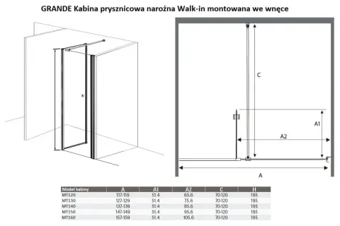 Kabina prysznicowa narożna GRANDE Walk-in z drzwiami uchylnymi. Schemat z wymiarami A, A1, A2, C, H.