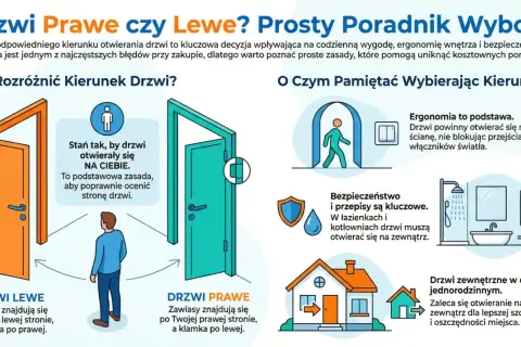 Drzwi prawe czy lewe? Ilustracja pokazuje, jak rozróżnić kierunek otwierania drzwi, z przykładami drzwi lewych i prawych.