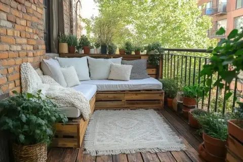 Zielony balkon z sofą z palet, dywanem i mnóstwem roślin. Idealne miejsce, by odpocząć i zastanowić się, czym osłonić balkon.