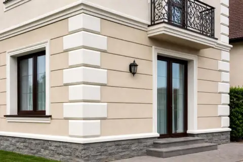 Elegancka fasada domu z kamiennym cokołem, białymi boniami i ozdobnymi gzymsami. Widać okno i drzwi wejściowe.