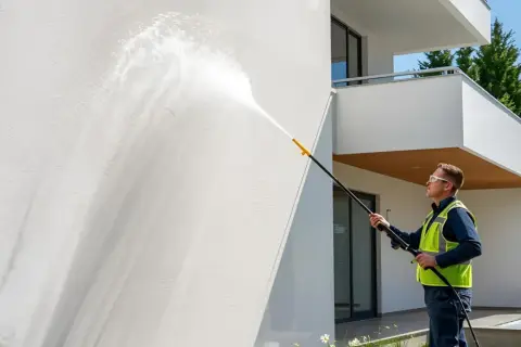 Mężczyzna w kamizelce odblaskowej myje elewację domowym sposobem, używając myjki ciśnieniowej.