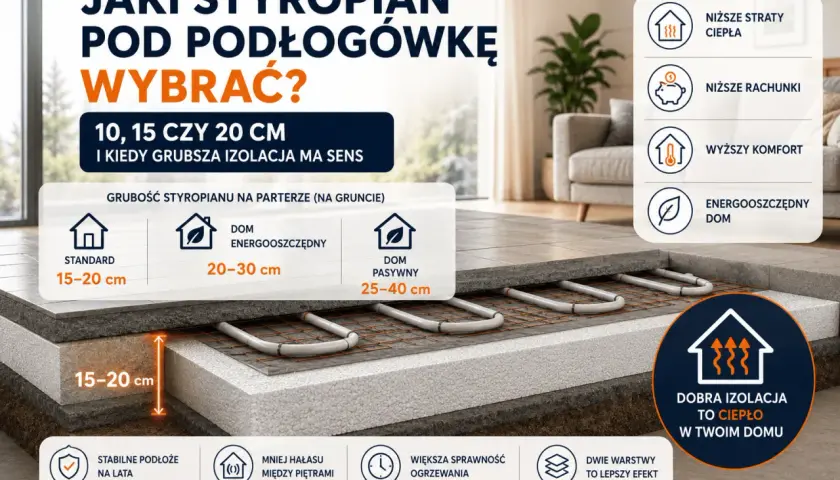 Przekrój podłogi z ogrzewaniem podłogowym, pokazujący różne grubości styropianu: 15-20 cm, 20-30 cm i 25-40 cm, dla domów standardowych, energooszczędnych i pasywnych.