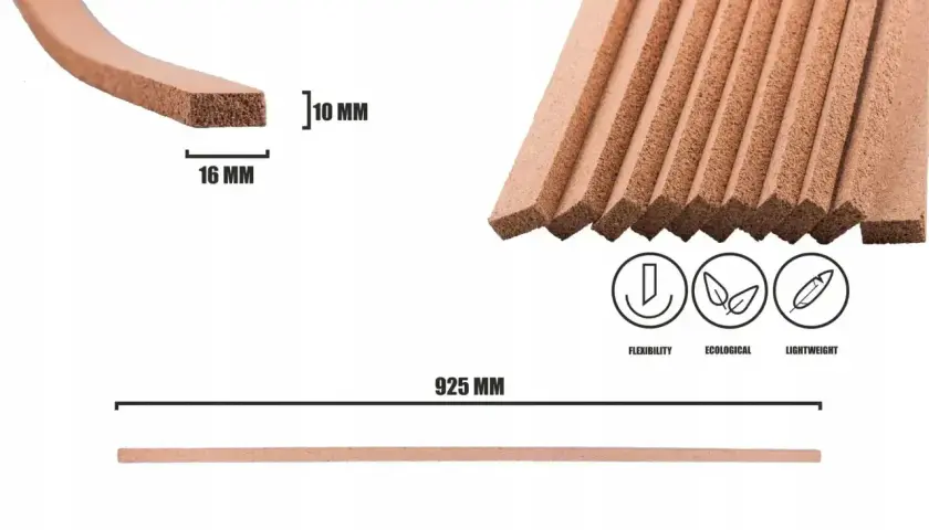 Elastyczny korek dylatacyjny o wymiarach 10x16 mm, idealny do izolacji i wypełniania szczelin. Długość 925 mm.
