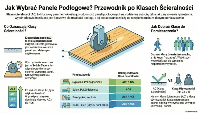 Klasa ścieralności (AC) paneli podłogowych określa ich odporność na zużycie. Wyższa klasa AC oznacza większą trwałość.