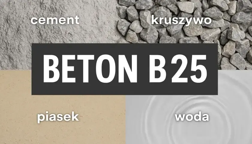 Składniki betonu B25: cement, kruszywo, piasek i woda. Kluczowe proporcje dla wytrzymałości.