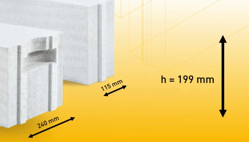 Ytong bloczek z widocznymi wymiarami: 240 mm, 115 mm i wysokością 199 mm.