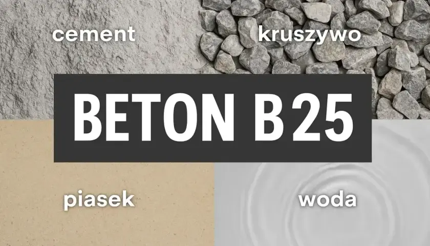 Składniki do zrobienia betonu B25: cement, kruszywo, piasek, woda.