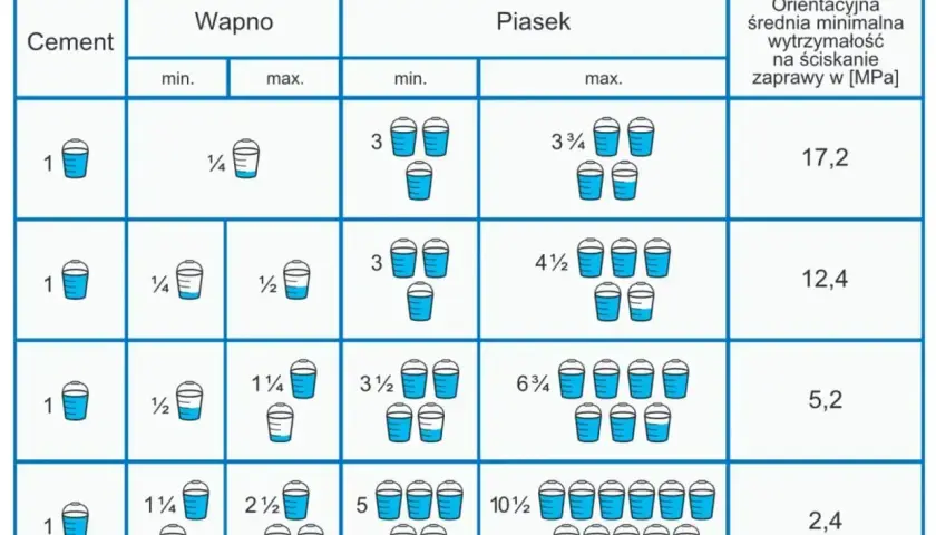 Tabela pokazuje, ile łopat piachu na worek cementu, w zależności od potrzebnej wytrzymałości zaprawy.