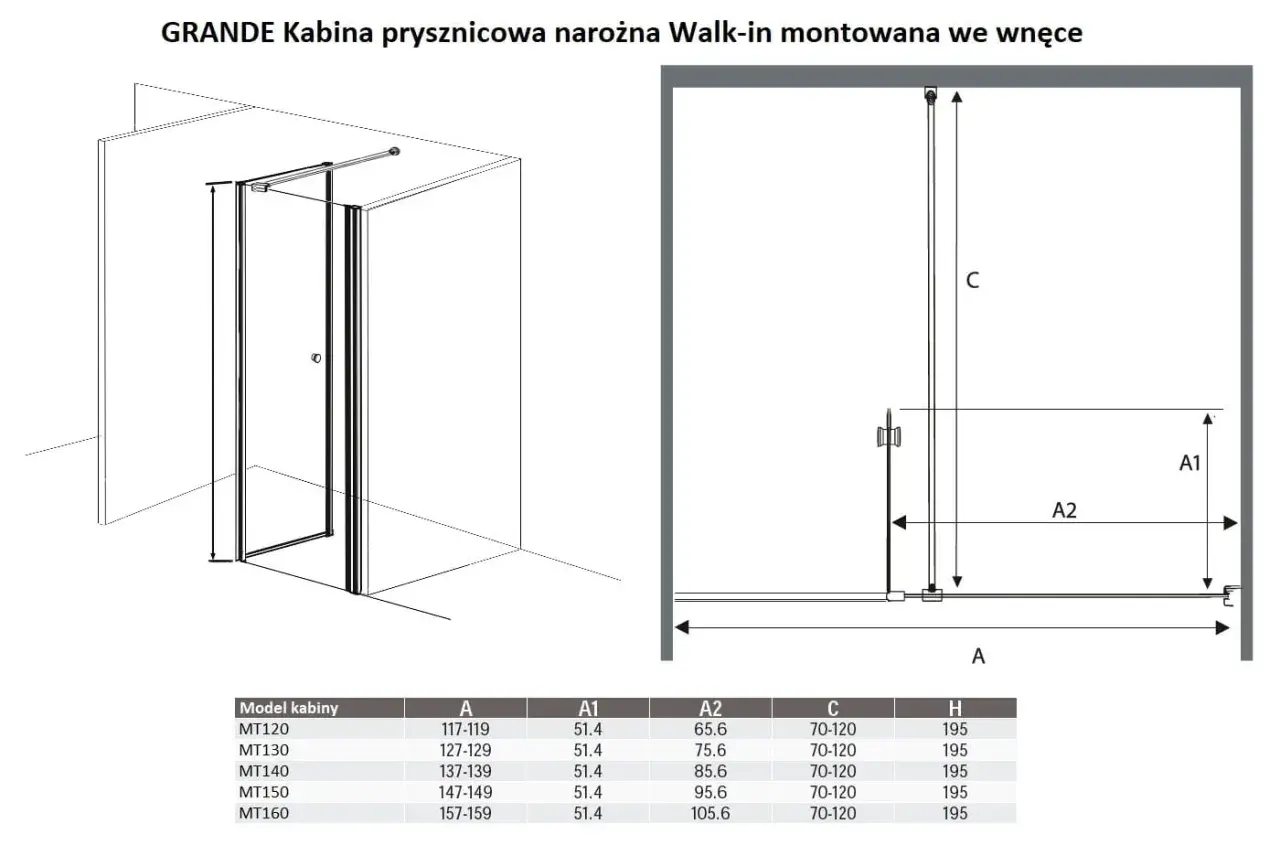 Kabina prysznicowa narożna GRANDE Walk-in z drzwiami uchylnymi. Schemat z wymiarami A, A1, A2, C, H.
