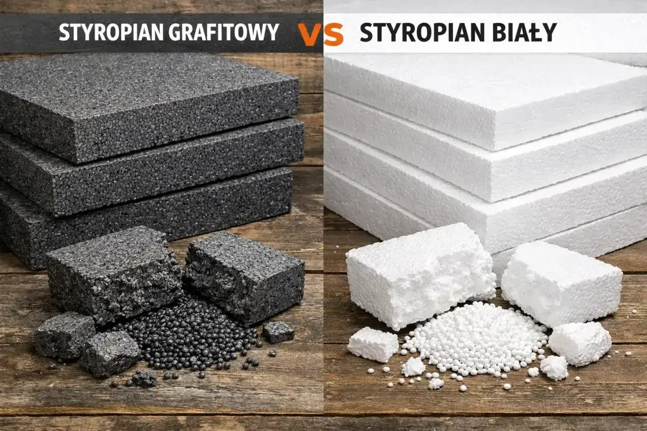 Styropian grafitowy i biały EPS na drewnianym tle. Różnice w strukturze i granulacji materiałów izolacyjnych.
