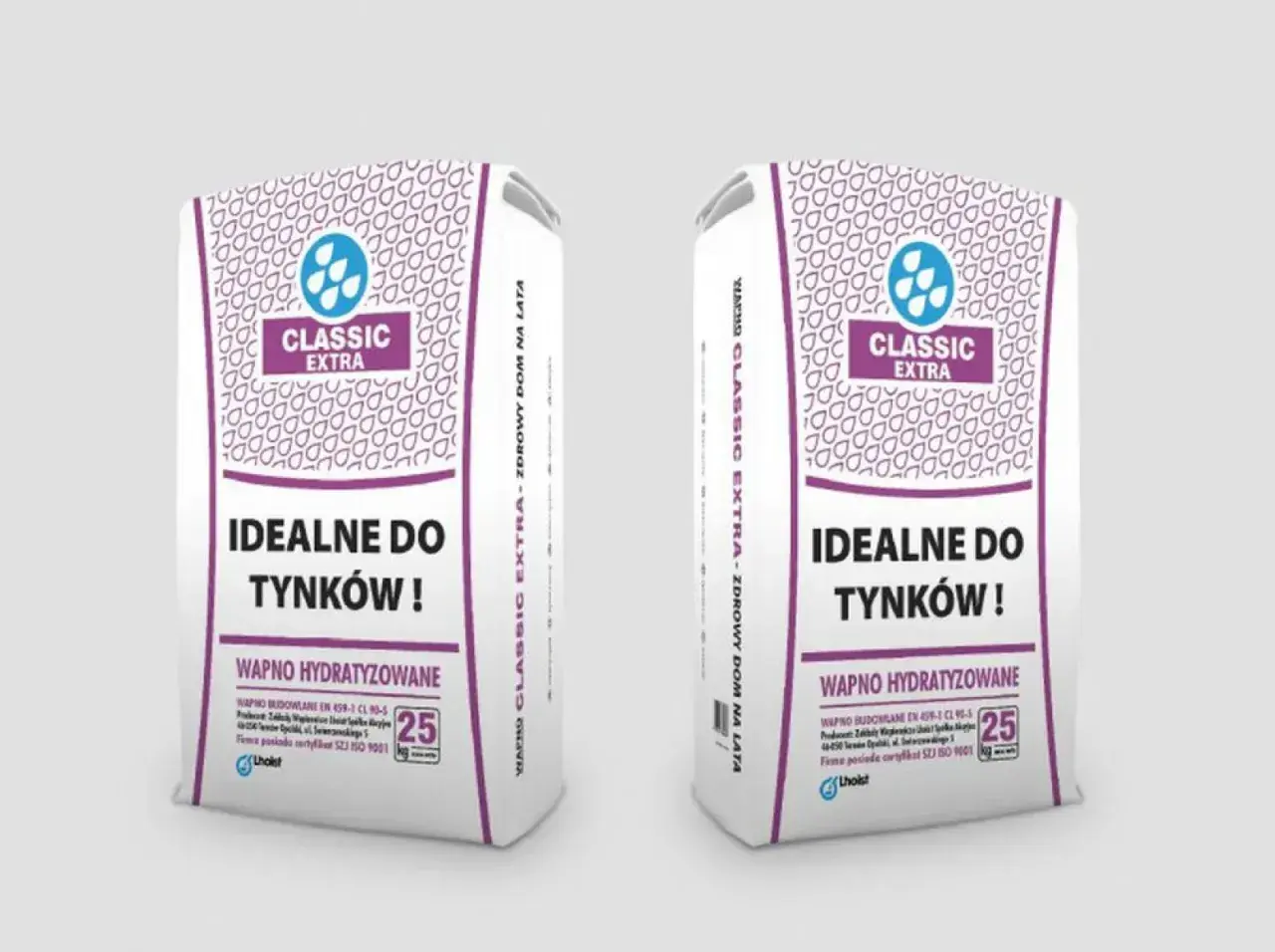 Dwie torby z napisem "wapno budowlane Classic Extra", idealne do tynków. Produkt wysokiej jakości, zdrowy dom na lata.