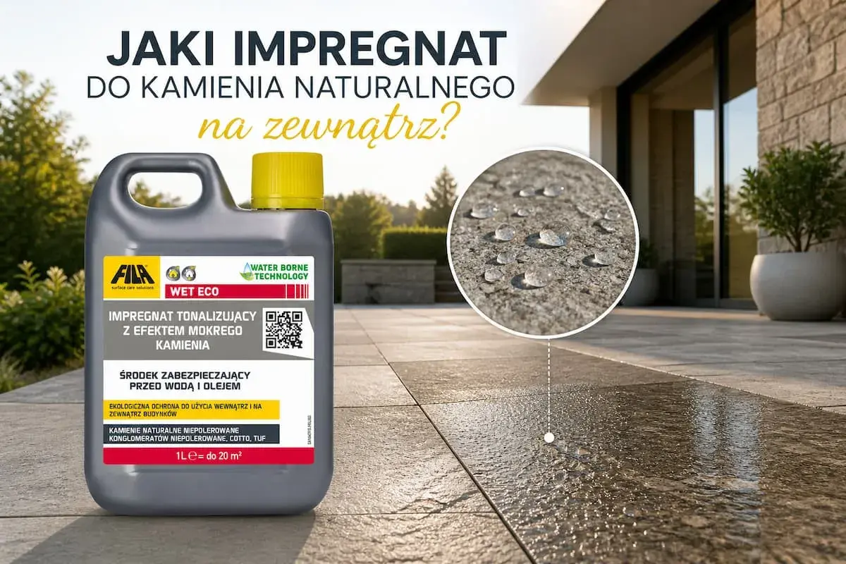 Jaki impregnat do kamienia naturalnego na zewnątrz? FILA Wet Eco tworzy efekt mokrego kamienia, chroniąc przed wodą i olejem.