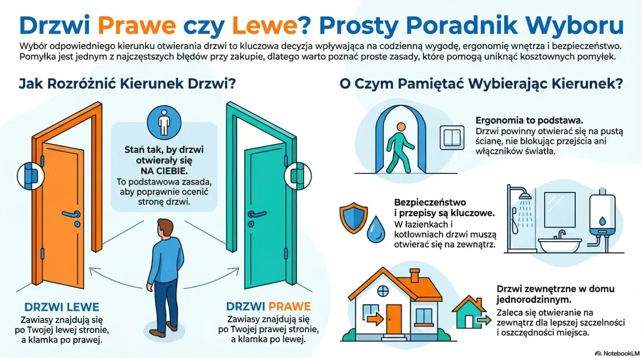 Drzwi prawe czy lewe? Ilustracja pokazuje, jak rozróżnić kierunek otwierania drzwi, by uniknąć błędów.