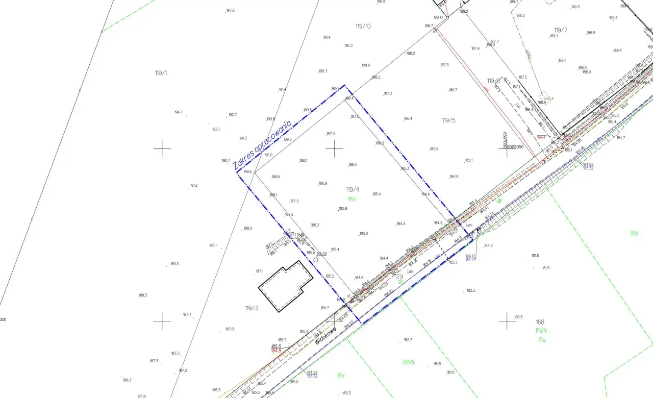Mapa do celów projektowych cena: szczegółowy plan z zaznaczonym zakresem opracowania, budynkami i wysokościami terenu.