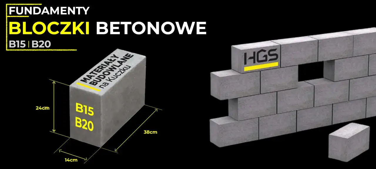 Bloczki betonowe HGS: wymiary 38x24x14cm, klasy B15 i B20. Idealne do fundamentów.