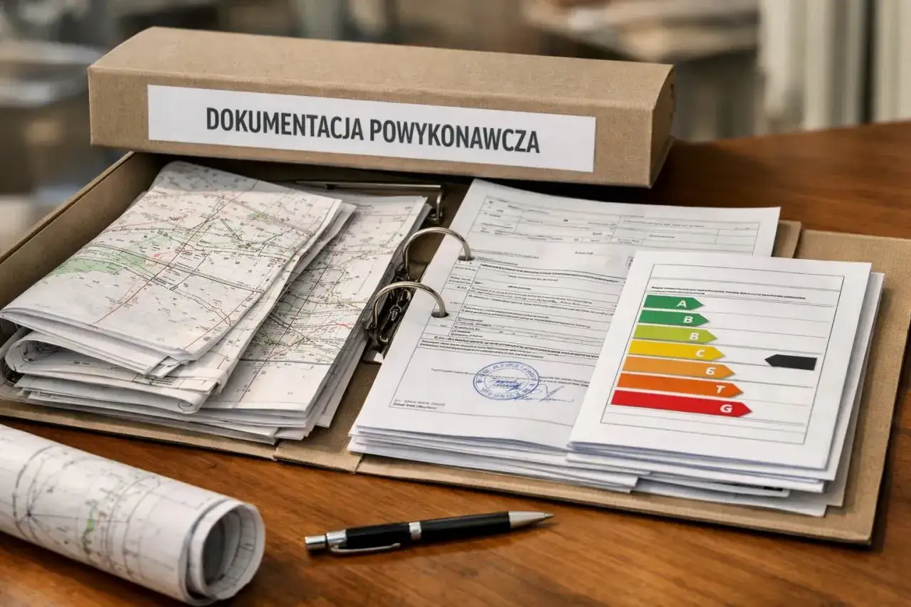 Otwarty segregator z dokumentacją powykonawczą, mapami i certyfikatem energetycznym.