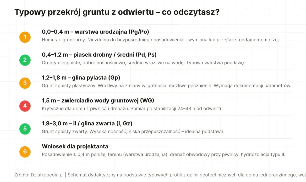 Przekrój gruntu: warstwa urodzajna, piasek, glina pylasta, zwierciadło wody, ił/glina zwarta. Wniosek: posadowienie poniżej 0,4 m.