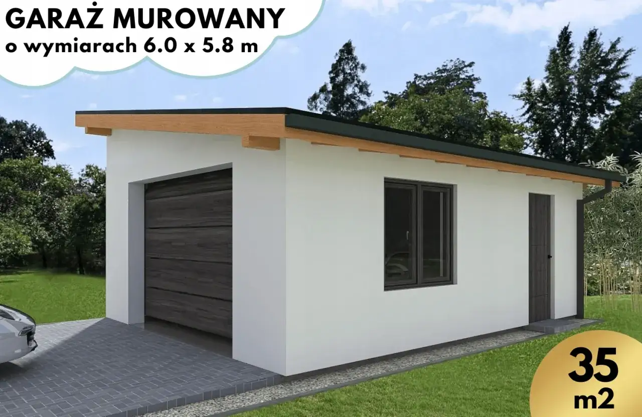 Nowoczesny garaż murowany z bramą segmentową i oknem. Idealny na działkę, wymiary 6.0 x 5.8 m.