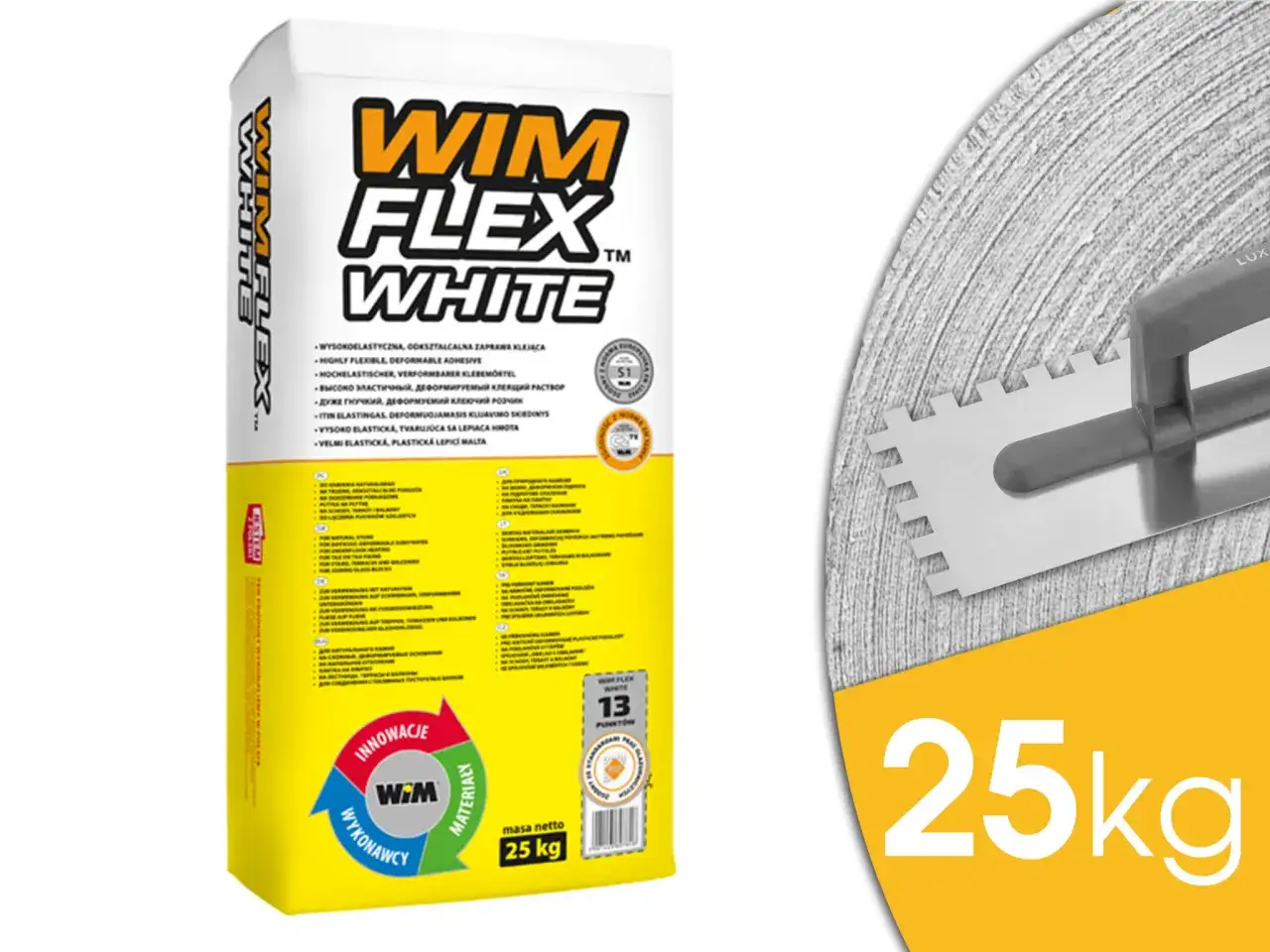 WIM FLEX WHITE – jaki klej do kamienia naturalnego na zewnątrz? Elastyczny klej do płytek, idealny do kamienia naturalnego, 25kg.