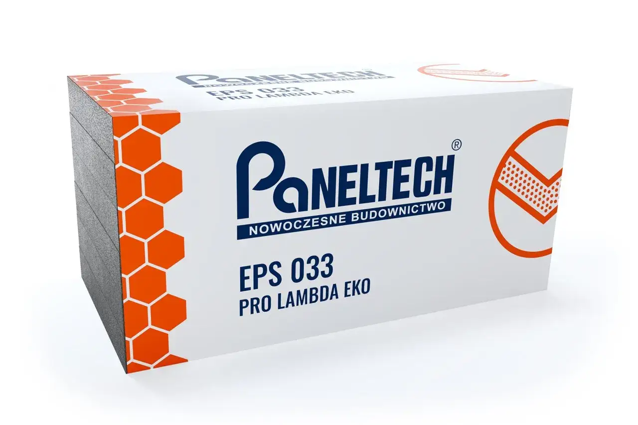 Stos styropianu EPS 033 PRO LAMBDA EKO Paneltech, z pomarańczowym wzorem plastra miodu na boku.